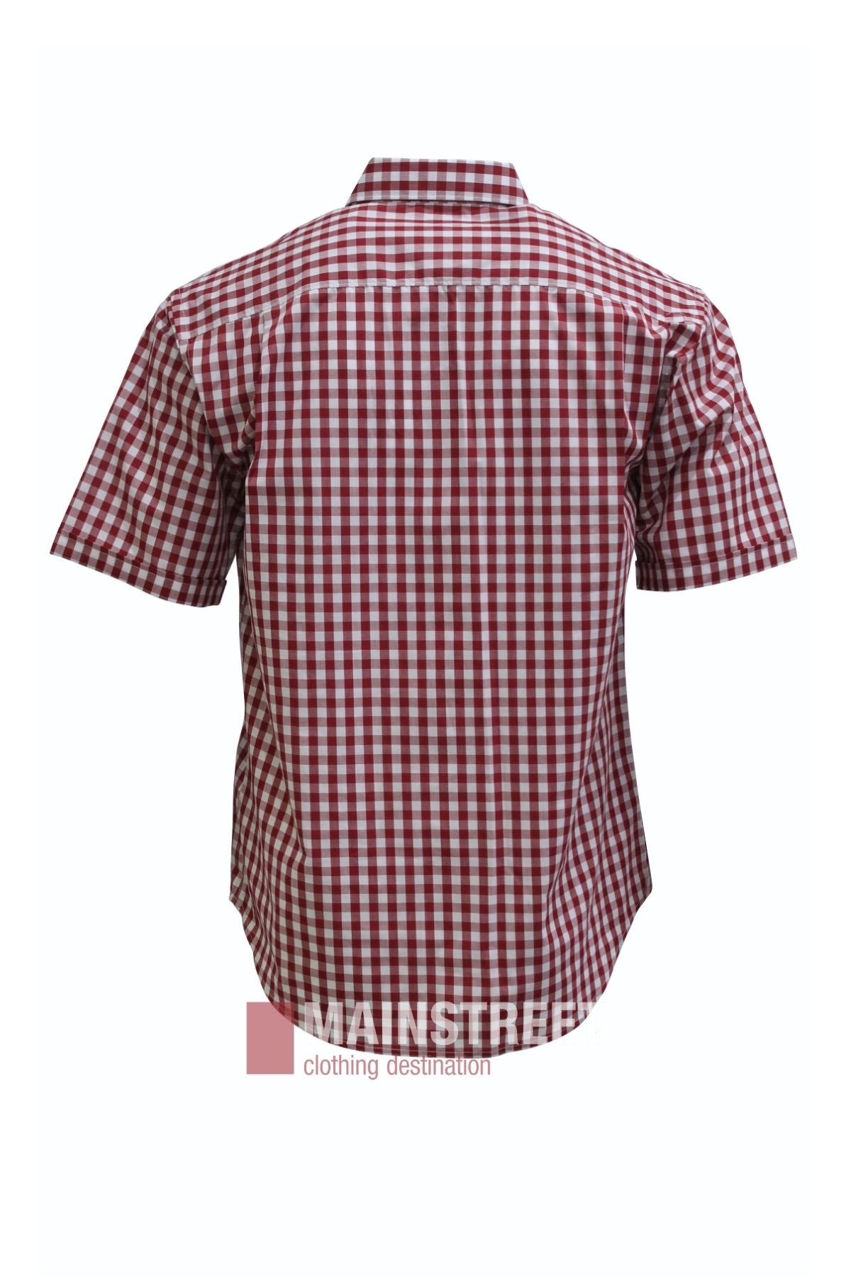 Back view of the Bisley Countryman Short Sleeve Shirt, featuring a red and white checkered pattern and crafted from a comfortable polyester/cotton blend. The shirt is displayed against a white background with the “MAINSTREET clothing destination” logo partially visible at the bottom.