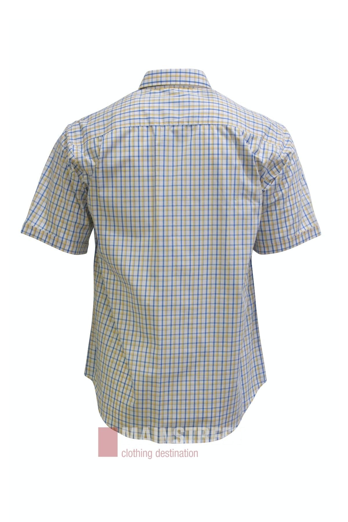 Back view of the Bisley Countryman Short Sleeve Shirt, a button-up shirt featuring a blue, yellow, and white plaid pattern. Crafted from a durable polyester/cotton blend and displayed on a white background. A small logo reading “clothing destination” appears at the bottom.