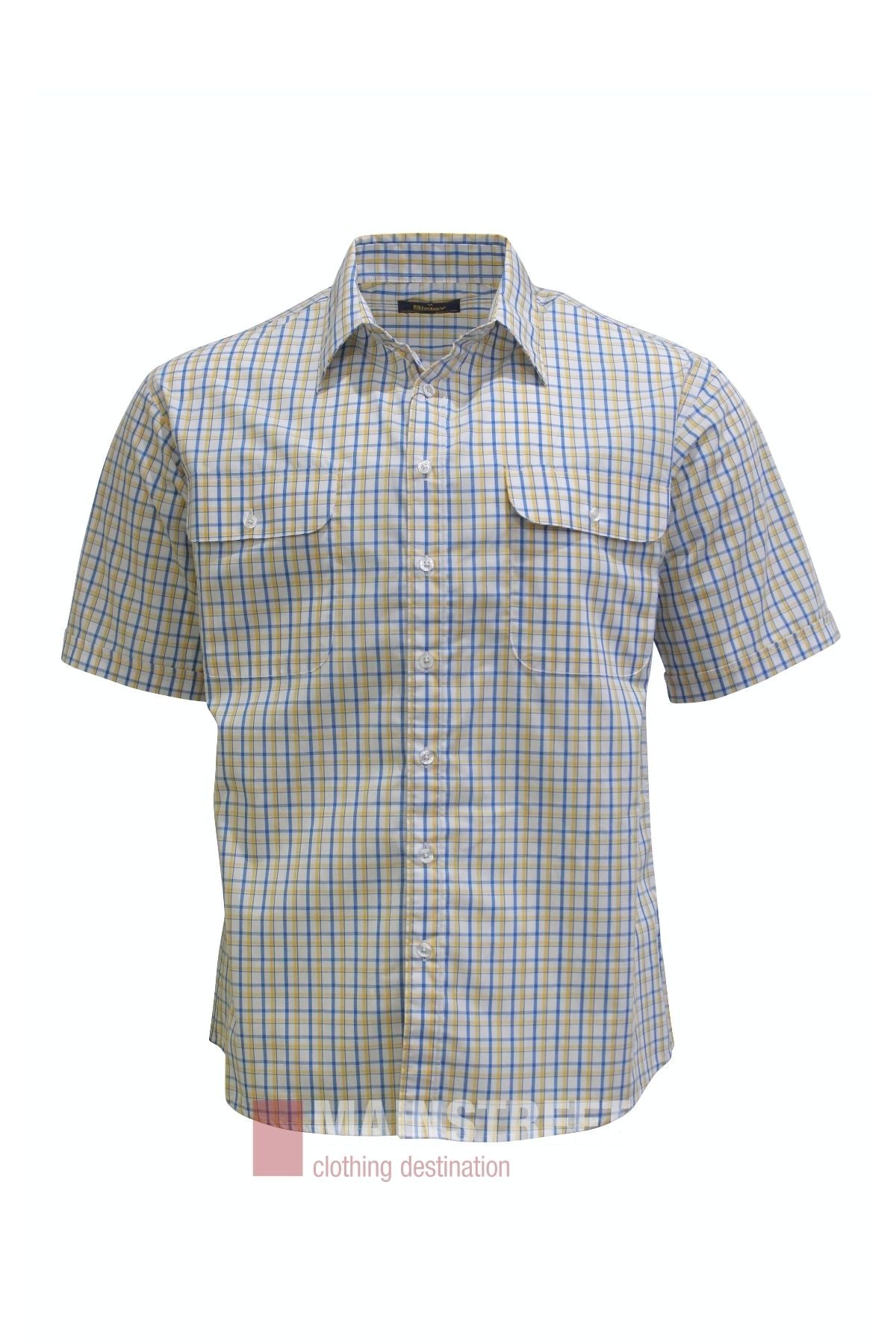 Bisley Countryman Short Sleeve Shirt featuring a blue and yellow checkered pattern, short sleeves, a single chest pocket, and crafted from a durable polyester/cotton blend, displayed on a white background.