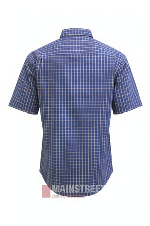 Back view of the Bisley Countryman Cotton Short Sleeve Shirt, crafted from soft cotton with a blue button-up design and white checkered pattern, displayed against a plain white background.
