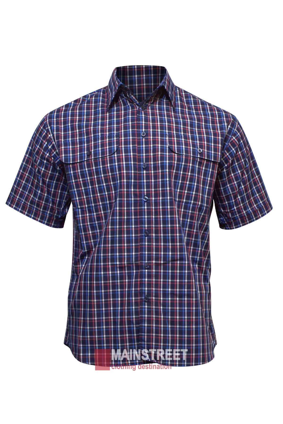 The Bisley Countryman Short Sleeve Shirt is a button-up featuring a plaid pattern in blue, red, and white. Made from a polyester/cotton blend, it has two chest pockets with button closures and displays the "Mainstreet" logo at the bottom.