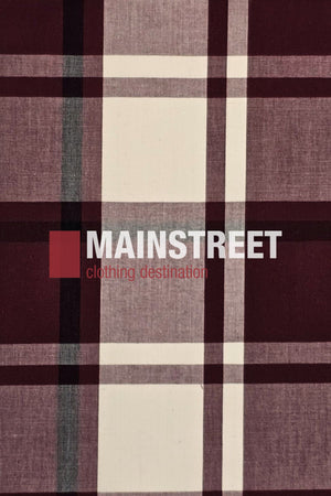 The Bisley Western Shirt features a plaid pattern in burgundy, white, and black, with "MAINSTREET clothing destination" in bold white and red letters over a red square.