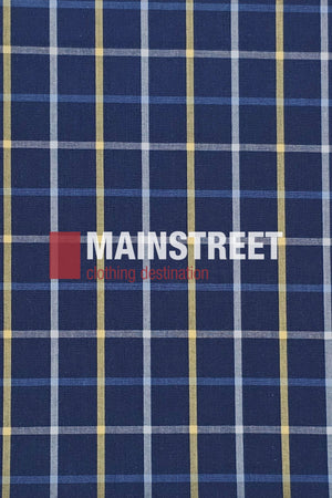 A blue plaid fabric with white and yellow lines forms the pattern of the Bisley Countryman Shirt. "MAINSTREET clothing destination" is printed across it, with "MAIN" highlighted in a red box.