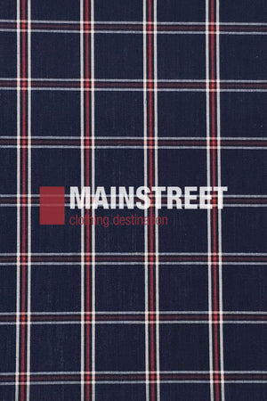A navy blue fabric with white and red plaid lines, featuring "Bisley Countryman Shirt" displayed in bold white and smaller red letters.