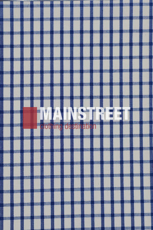 Blue and white checkered Bisley Countryman Shirt featuring "MAINSTREET clothing destination" printed in bold white and red letters over the check pattern.