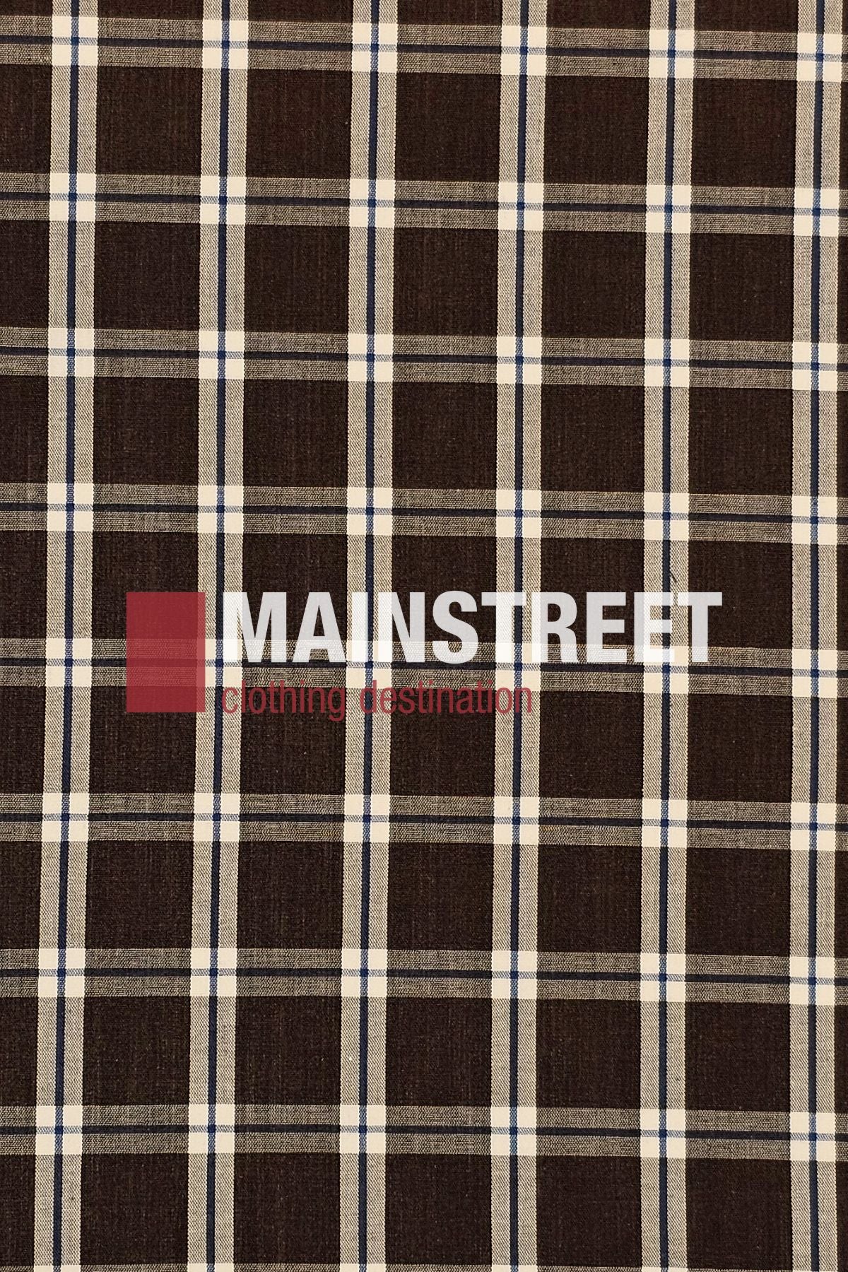 The Bisley Countryman Shirt features brown plaid fabric with white and blue lines, plus the "MAINSTREET clothing destination" logo in bold white and red text across the center.