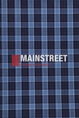 Blue and black plaid fabric with white lines. Centered: "Bisley Countryman Shirt" in bold white, while "clothing destination" is in red.