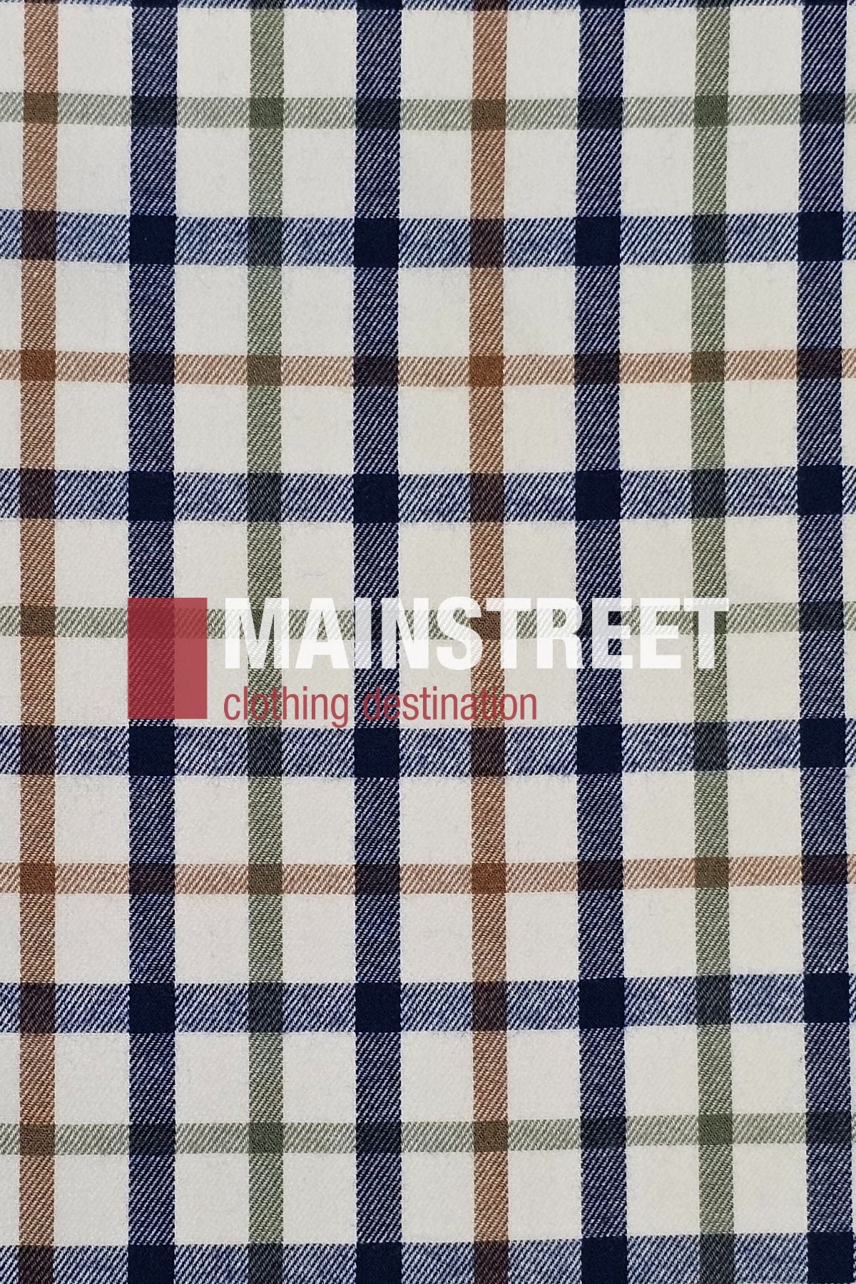 Plaid fabric pattern with navy, brown, and green lines on white. The words "MAINSTREET clothing destination" overlay the design, evoking the classic Bisley Countryman Brushed Shirt.