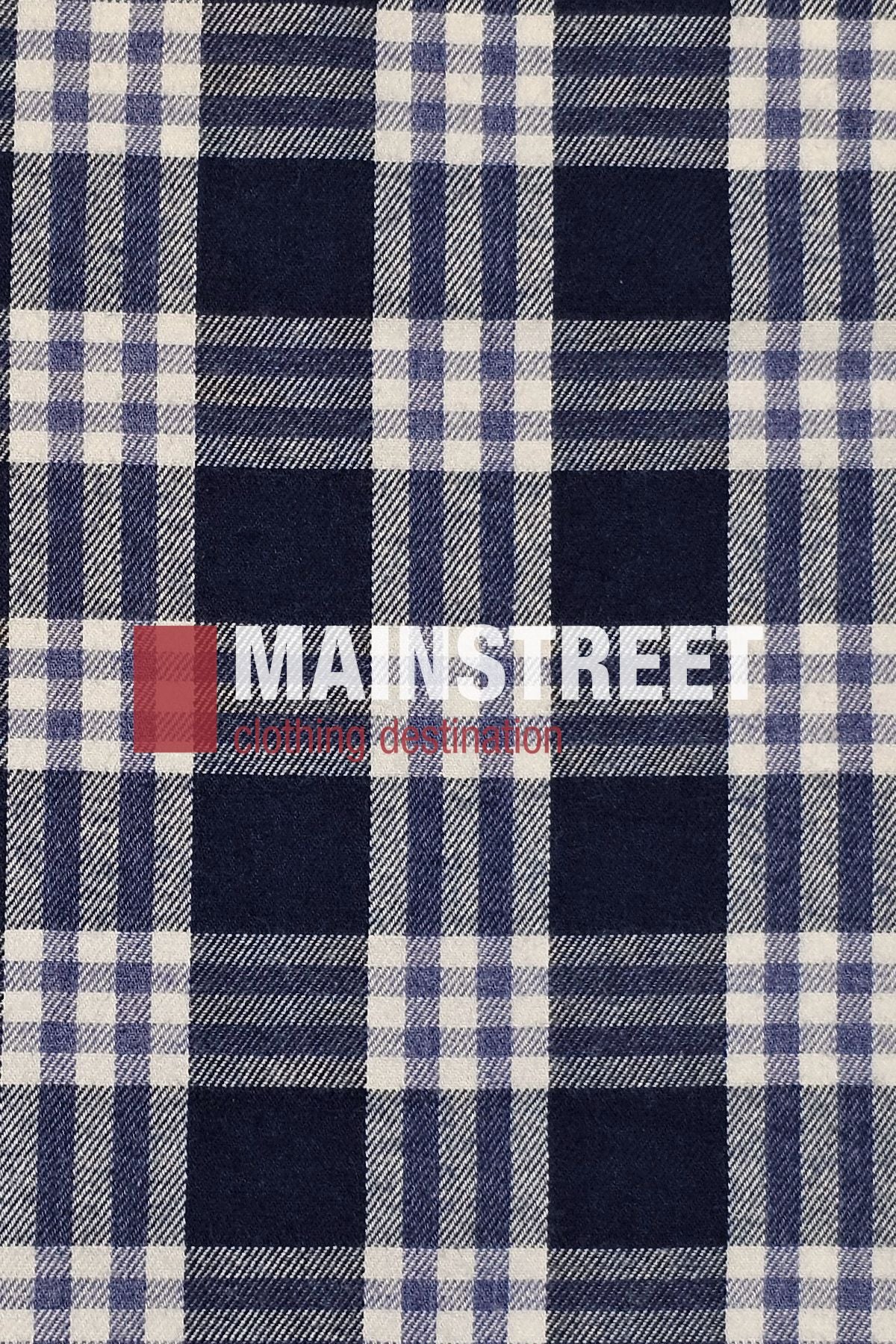 Blue and white plaid fabric pattern, reminiscent of a Bisley Countryman Brushed Shirt, with "MAINSTREET clothing destination" printed in bold white and red text across the center.