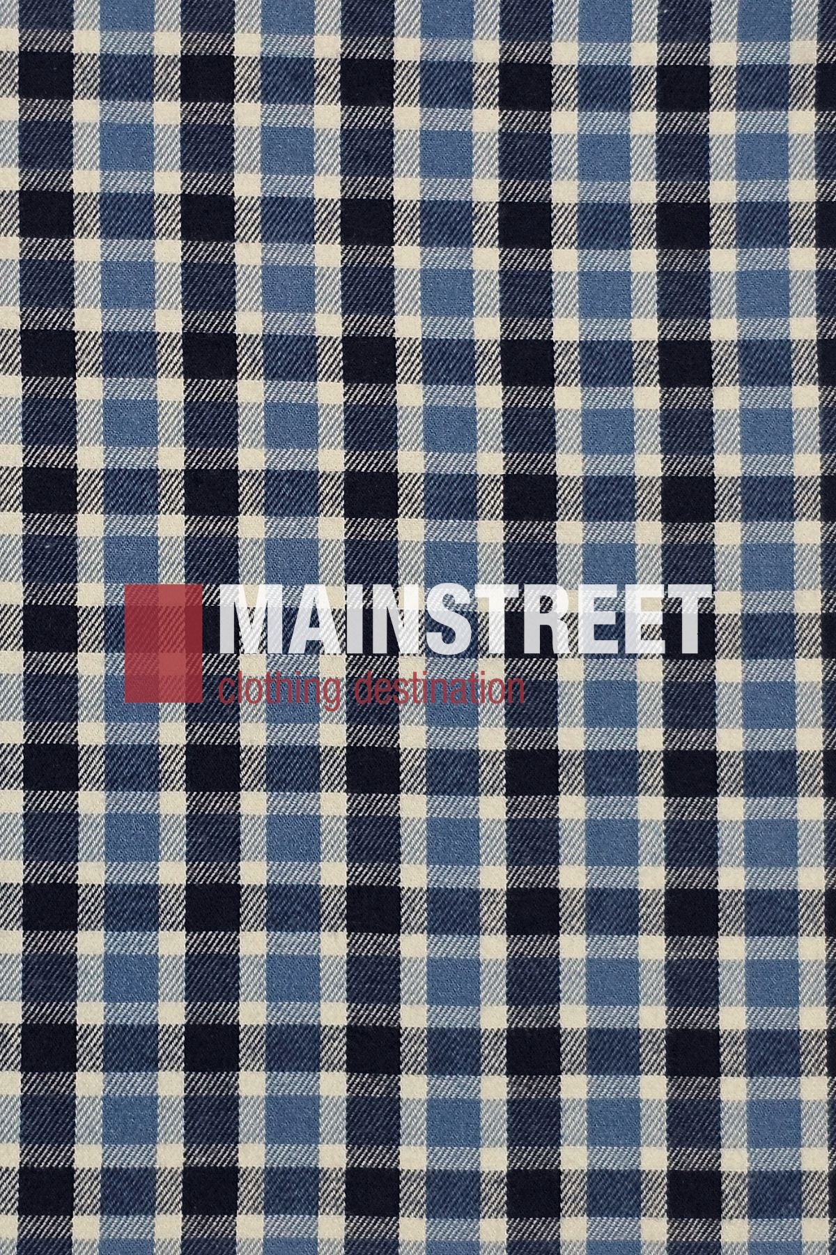 Blue, black, and white plaid reminiscent of a Bisley Countryman Brushed Shirt, with "MAINSTREET" and "Clothing destination" boldly printed in white and red, semi-transparent over the pattern.