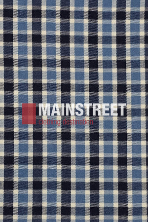 Blue, black, and white plaid reminiscent of a Bisley Countryman Brushed Shirt, with "MAINSTREET" and "Clothing destination" boldly printed in white and red, semi-transparent over the pattern.