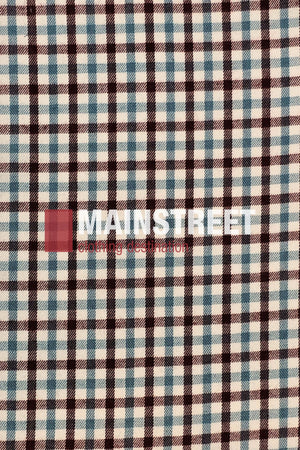Featuring a plaid pattern in burgundy, black, and white like the Bisley Countryman Brushed Shirt, this fabric is overlaid with "MAINSTREET" and "emerging destination" in bold white and red text.