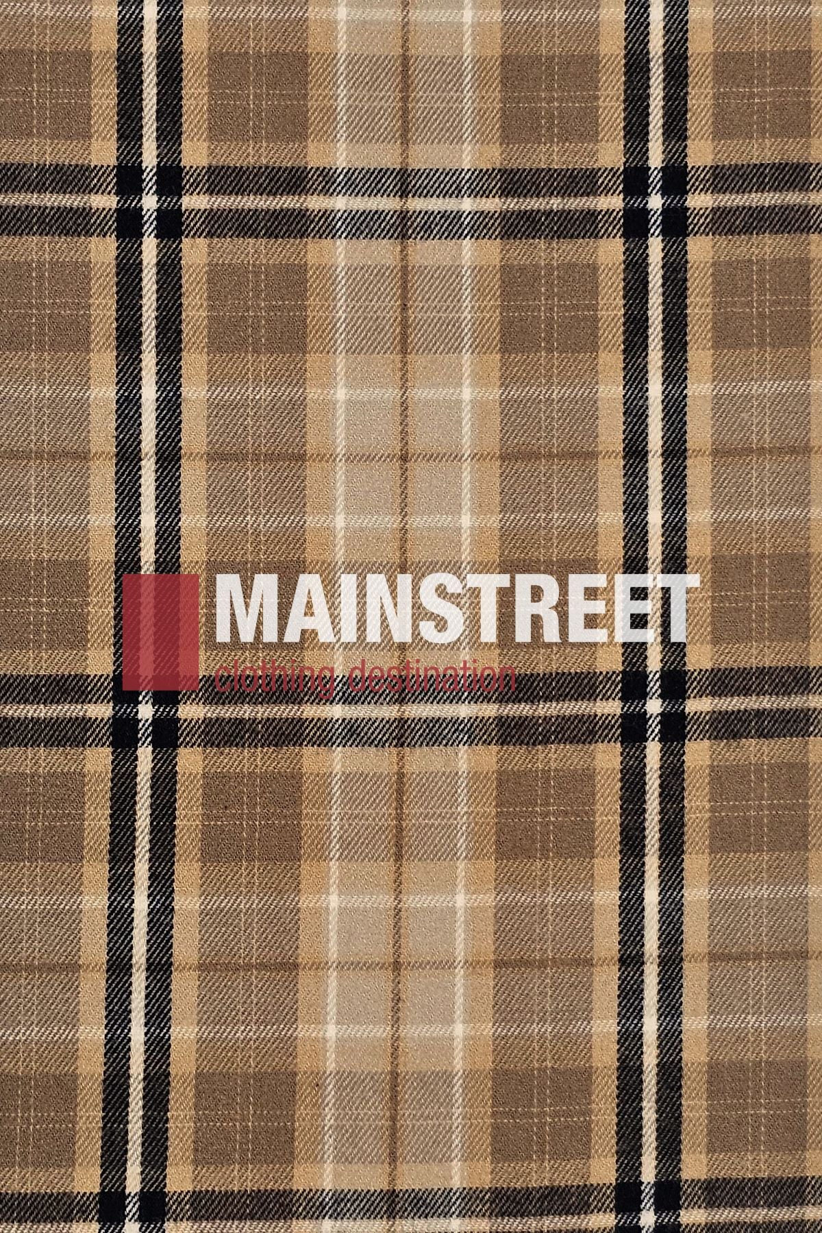 Tan and beige plaid fabric with black and white lines, inspired by the Bisley Countryman Brushed Shirt. "MAINSTREET clothing destination" is centered on the image, partially highlighted by a red rectangle.