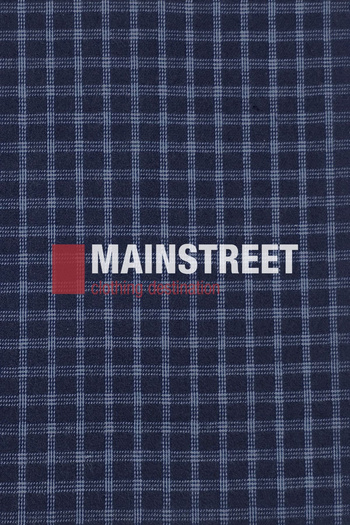 A blue and black checkered fabric background with "MAINSTREET" in bold white letters and "clothing destination" in smaller red over a red square, evoking the classic style of a Bisley Countryman Brushed Shirt.