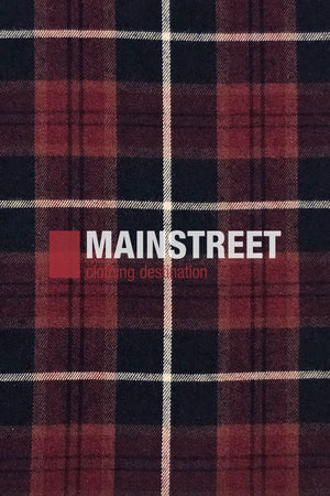 A close-up of the Bisley Countryman Brushed Shirt, featuring a red and black plaid polyester-cotton blend with white stripes. "MAINSTREET clothing destination" is printed in white and red across the center.