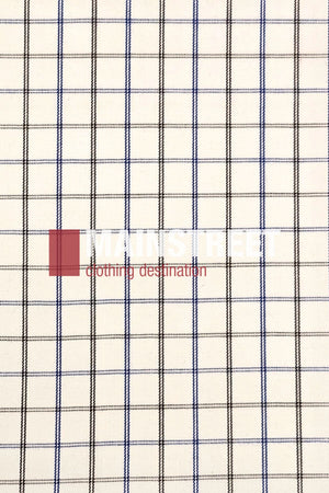 The Bisley Countryman Cotton Shirt is a white shirt with a grid of thin black and blue lines. "MAIN STREET clothing destination" appears faintly across the center.