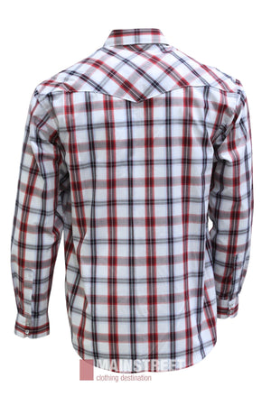 The Bisley Western Shirt is a long-sleeve button-up Western shirt featuring a red, black, and white plaid pattern, crafted from a comfortable polyester-cotton blend. It is shown from the back against a white background.