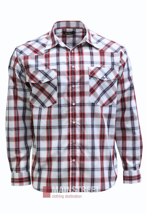 The Bisley Western Shirt is a long-sleeve, button-up Western shirt featuring a red, black, and white plaid pattern. Made from a comfortable polyester-cotton blend and designed with two front chest pockets, it is displayed against a plain white background.
