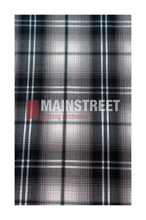A blue, black, and white plaid pattern with “MAINSTREET clothing destination” text overlaid in the center, capturing the timeless style of a classic Bisley Western Shirt.