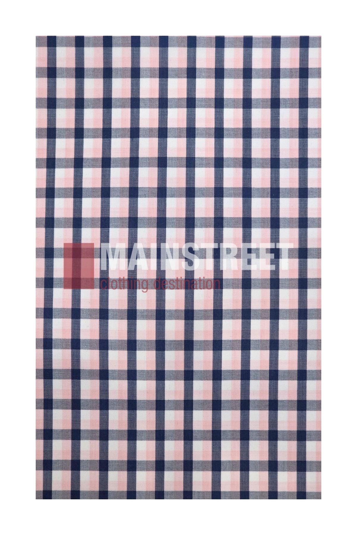 Pink, white, and blue checkered pattern—evoking the timeless look of a Bisley Countryman Shirt in classic polyester cotton— with “MAINSTREET clothing destination” subtly visible across the center of the image.