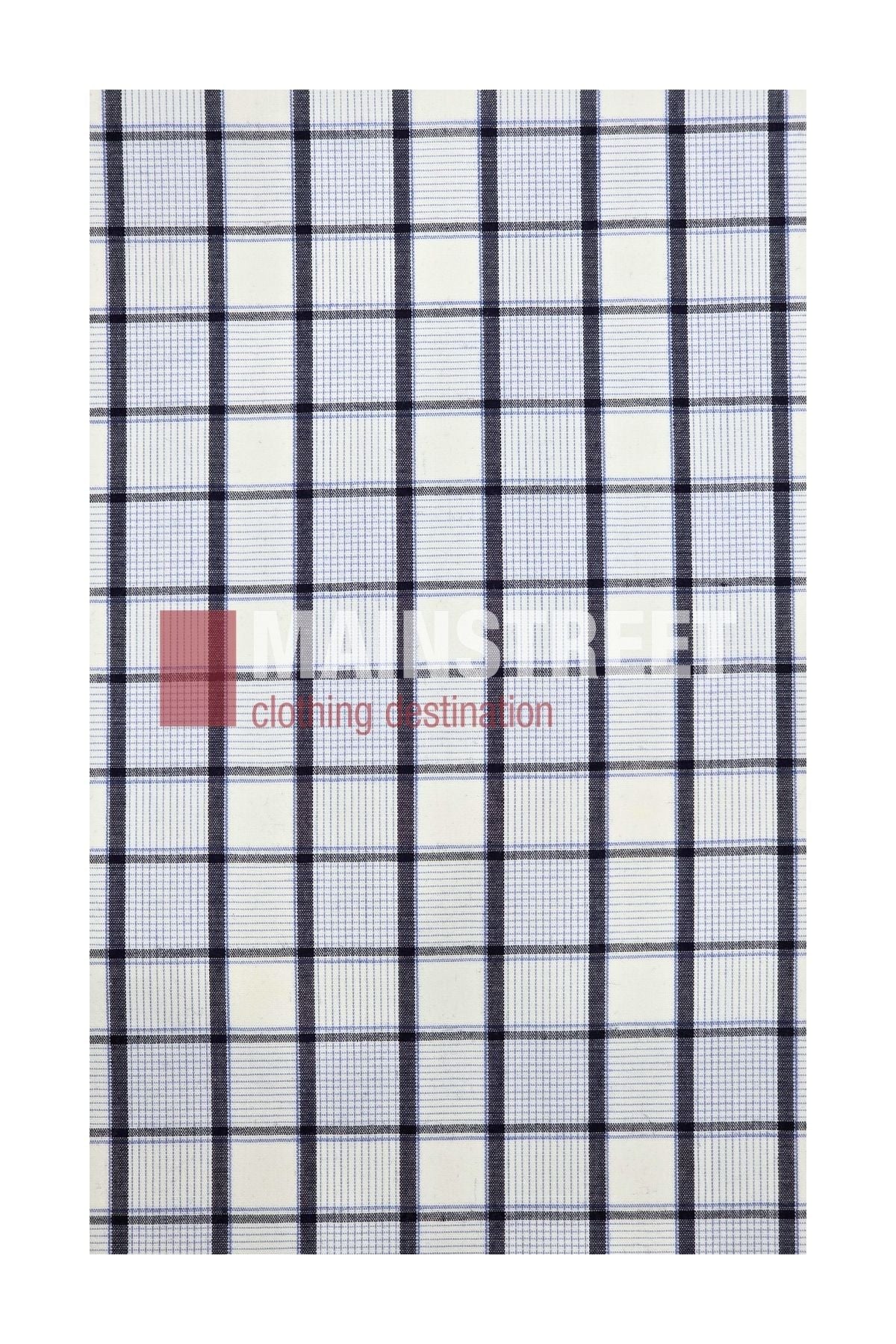A white fabric with a blue checkered pattern, featuring evenly spaced horizontal and vertical blue lines—perfect for a classic button up shirt like the Bisley Countryman Shirt. The Mainstreet Clothing Destination logo is overlaid on the center.