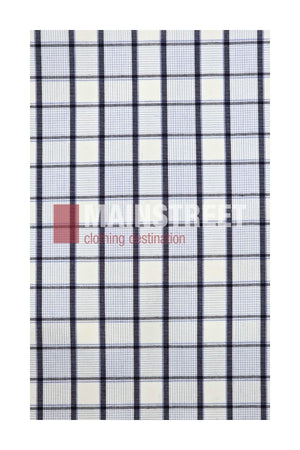 A white fabric with a blue checkered pattern, featuring evenly spaced horizontal and vertical blue lines—perfect for a classic button up shirt like the Bisley Countryman Shirt. The Mainstreet Clothing Destination logo is overlaid on the center.