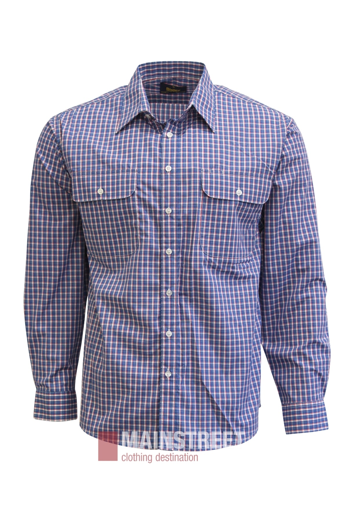 The Bisley Countryman Shirt is a long-sleeve shirt with a blue, white, and red checkered pattern, featuring a collar and two front chest pockets with buttoned flaps, shown against a white background.