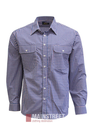 The Bisley Countryman Shirt is a long-sleeve shirt with a blue, white, and red checkered pattern, featuring a collar and two front chest pockets with buttoned flaps, shown against a white background.