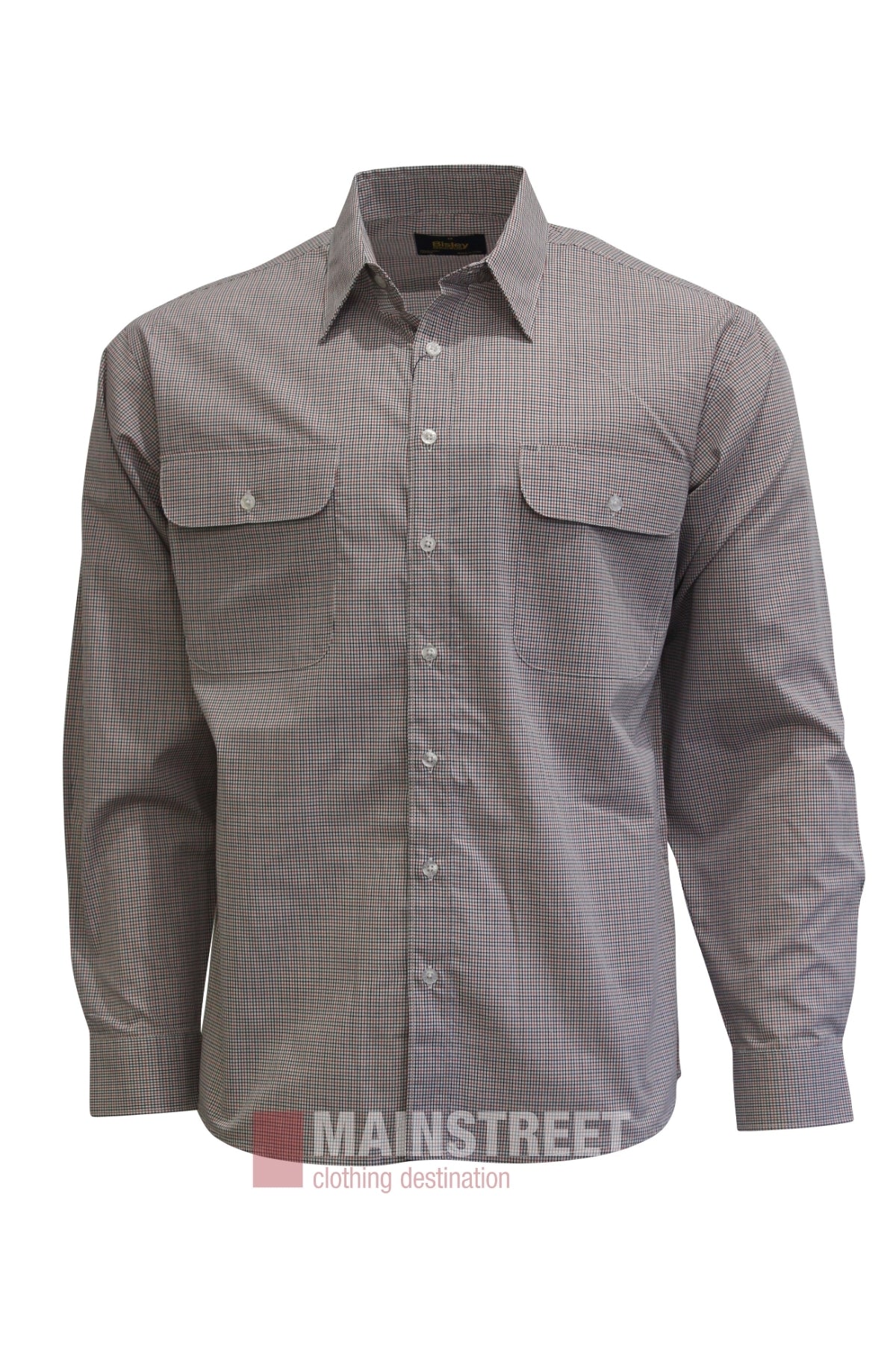 The Bisley Countryman Shirt is a long-sleeved, button-up shirt with a subtle checkered pattern, front chest pockets with flaps, and a pointed collar, shown against a white background.
