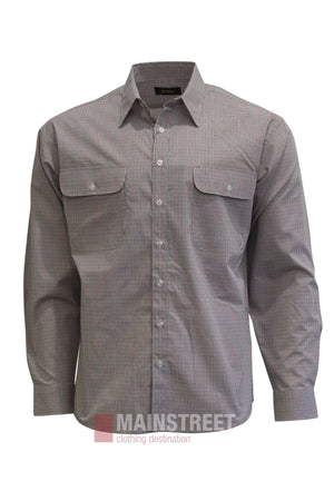 The Bisley Countryman Shirt is a long-sleeved, button-up shirt with a subtle checkered pattern, front chest pockets with flaps, and a pointed collar, shown against a white background.