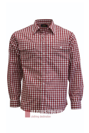 The Bisley Countryman Shirt features a red and white checkered pattern, long sleeves, and buttoned chest pockets, shown against a plain white background.