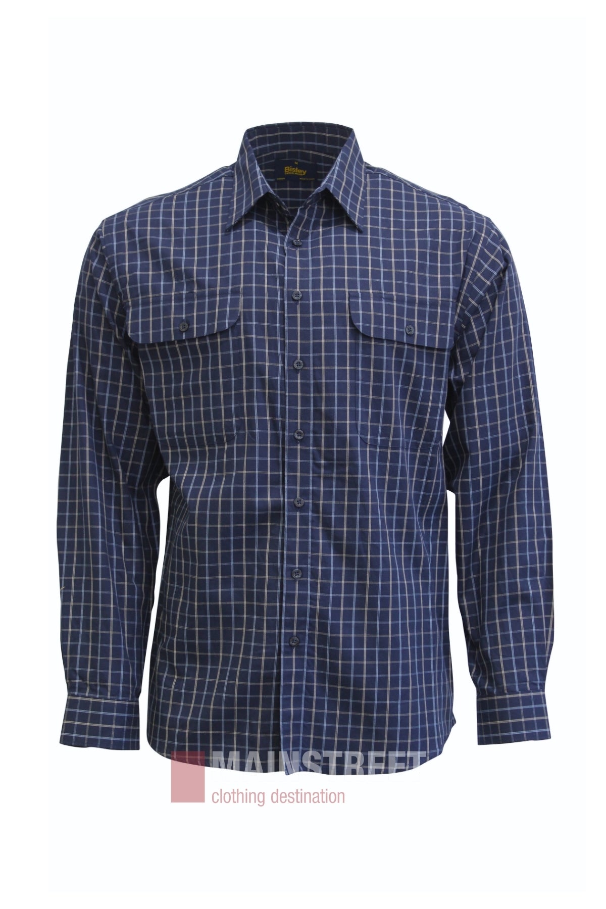 A blue, long-sleeve Bisley Countryman Cotton Shirt with a white checkered pattern, button-down front, and two chest pockets with flaps. Made from 100% cotton, this shirt offers classic style and everyday comfort.