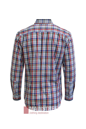 A back view of the Bisley Countryman Cotton Shirt, featuring long sleeves, a button-down design, and a red, blue, and white plaid pattern. Made from 100% cotton for lasting comfort and durability, it’s shown against a white background.