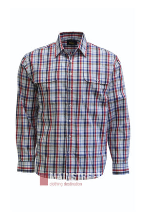 The Bisley Countryman Cotton Shirt is a long-sleeved, button-up shirt featuring a red, blue, and white plaid pattern. It includes two front chest pockets and a classic collar. Made from 100% cotton, this shirt is shown against a plain white background.