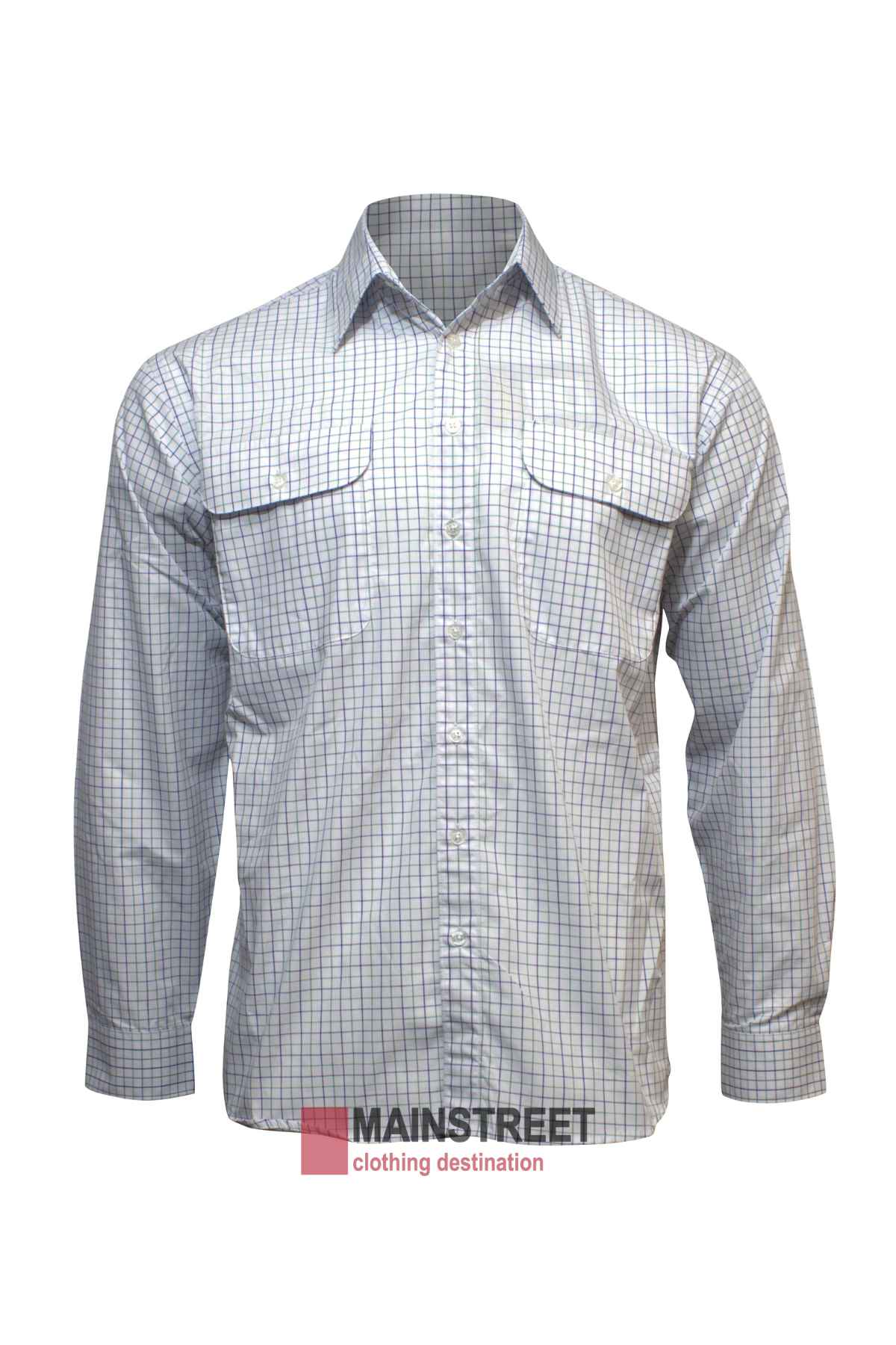The Bisley Countryman Shirt is a long-sleeved, button-up shirt with a blue and green checkered pattern, made from a durable polyester/cotton blend. It features two chest pockets, a collar, and the "MAINSTREET clothing destination" logo at the bottom.