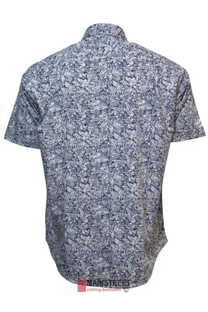 Back view of the Back Bay Bamboo Soft Touch Print Short Sleeve Shirt, showcasing a blue and white leafy pattern. Crafted from a polyester cotton blend, this shirt features a collar and lightweight fabric, ideal for casual occasions.
