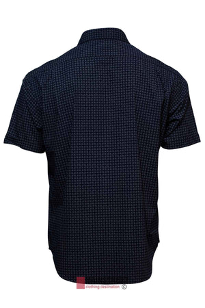 Back view of the Back Bay Bamboo Soft Touch Print Short Sleeve Shirt, showcasing its stylish and functional design with a subtle geometric pattern in dark blue. Made from a polyester cotton blend, this shirt includes a collar and is set against a white background.