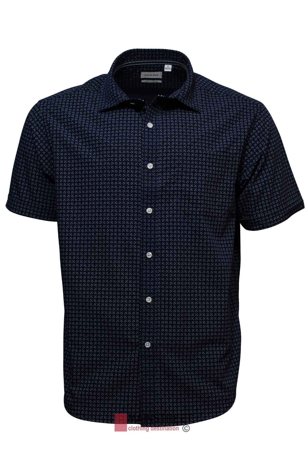 The Back Bay Bamboo Soft Touch Print Short Sleeve Shirt combines style and functionality, crafted from a polyester-cotton blend. It showcases a small geometric pattern in dark blue, paired with a classic collar and white buttons running down the front, all set on a plain white background.