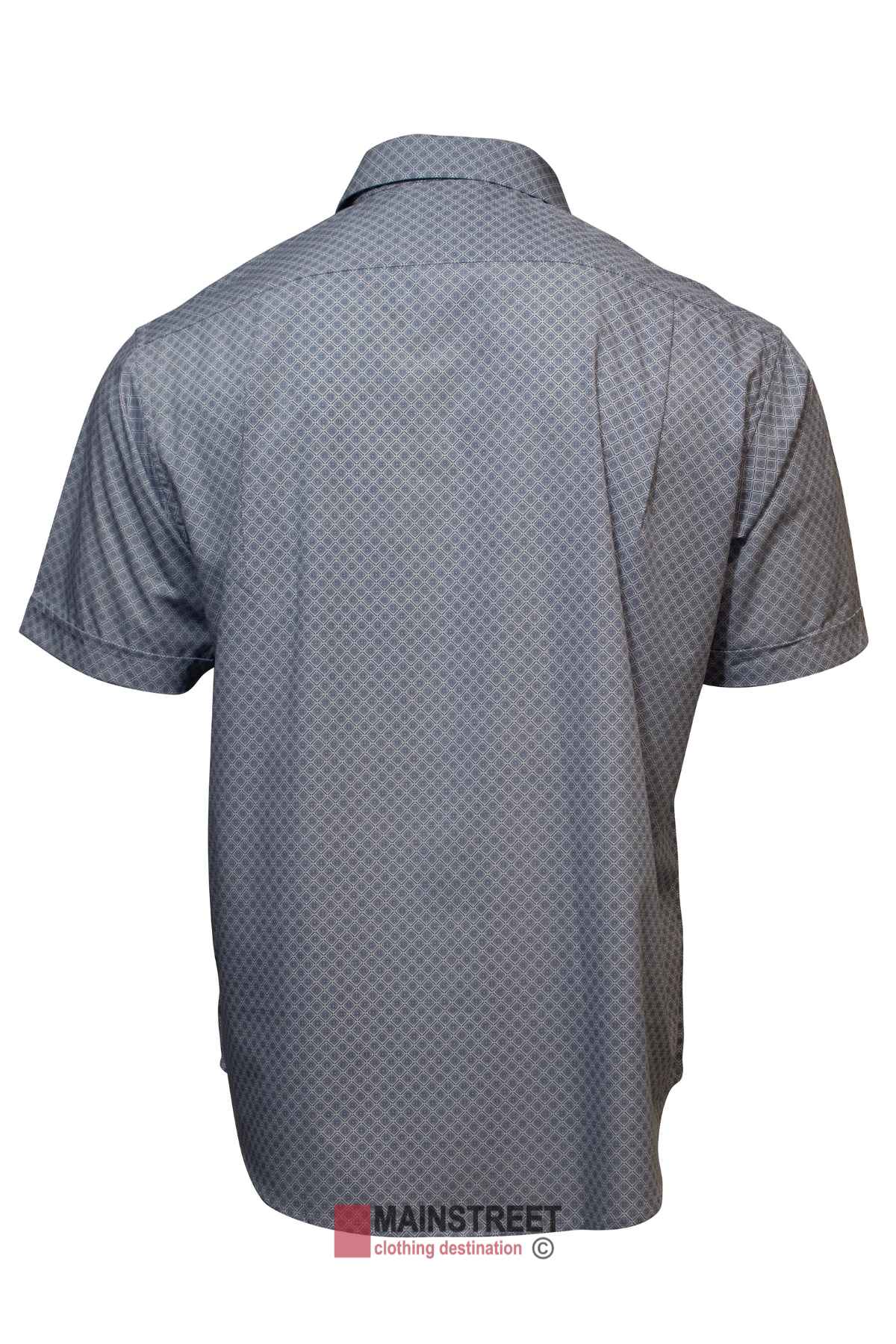 The Back Bay Bamboo Soft Touch Print Short Sleeve Shirt features a rear view showcasing its short sleeves and button-up design in a subtle checkered pattern. Crafted from a lightweight polyester cotton blend, itβs perfect for casual occasions.
