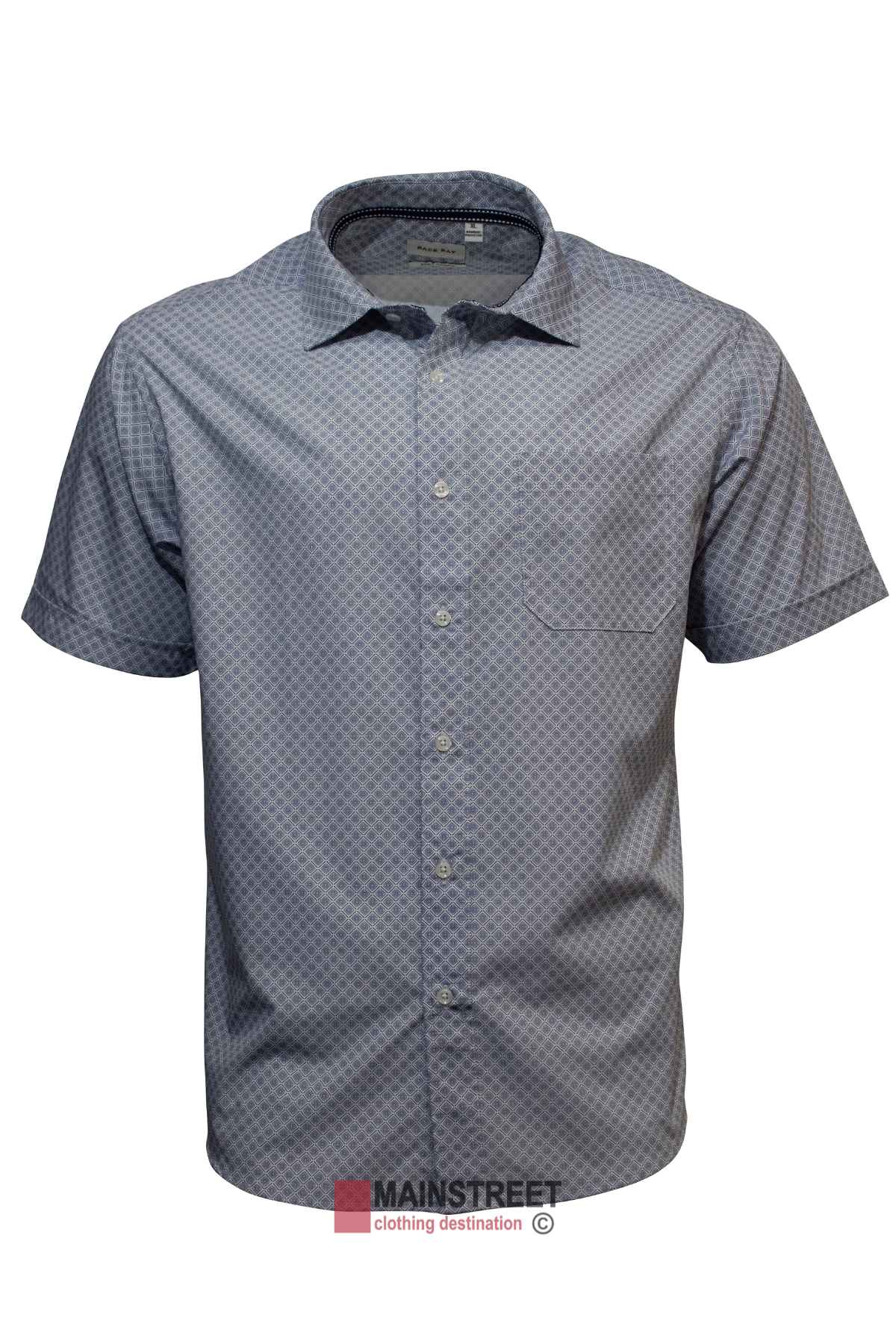 The Back Bay Bamboo Soft Touch Print Short Sleeve Shirt, in gray, highlights a subtle checkered pattern and is made from a polyester-cotton blend. It includes a left chest pocket and has "Mainstreet" branding along the bottom.