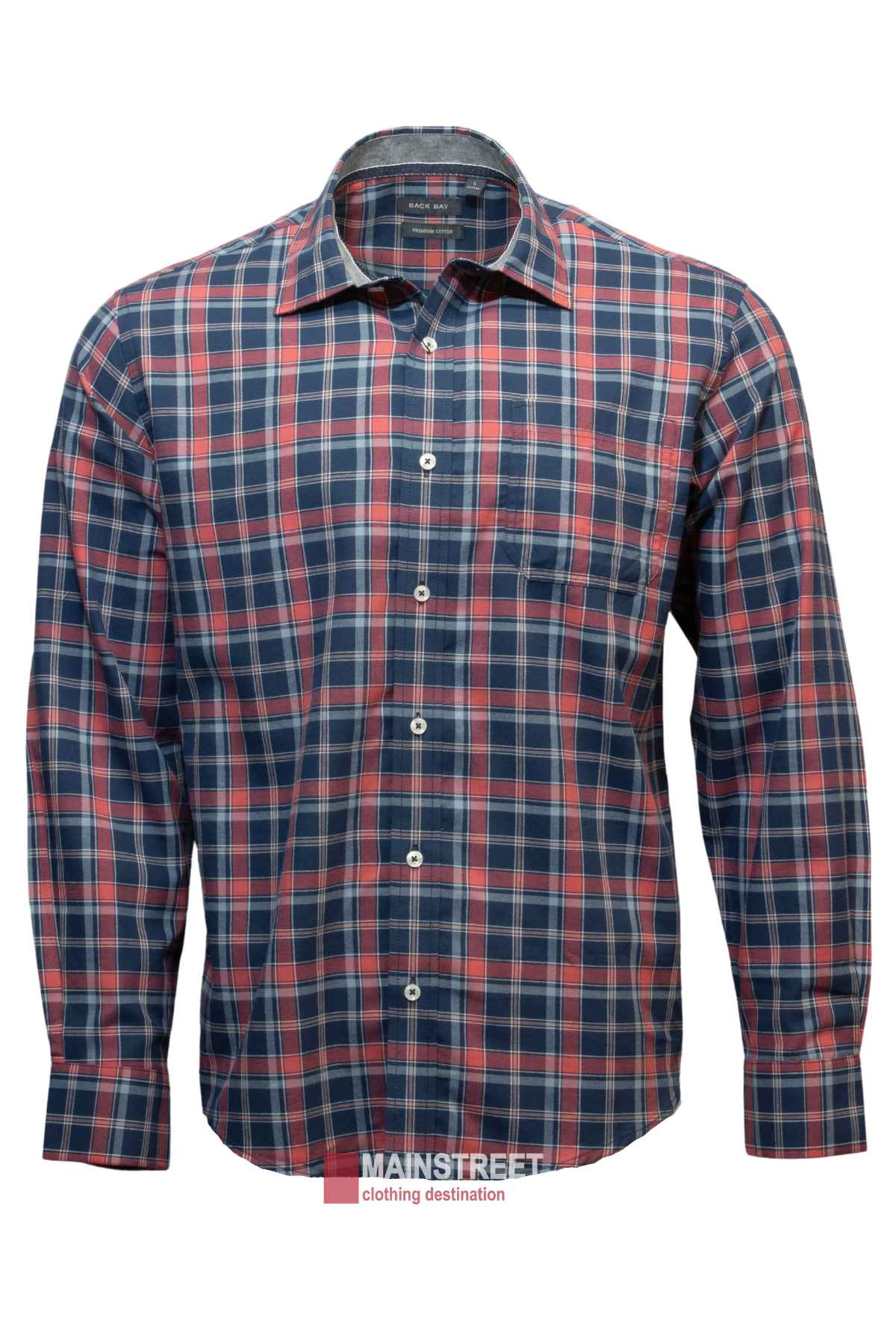 The Back Bay Brushed Cotton Check Shirt is a long-sleeved, button-down shirt with a blue, white, and red plaid pattern. It features a front pocket on the left side and white buttons. The label "MAINSTREET clothing destination" is visible below the shirt.