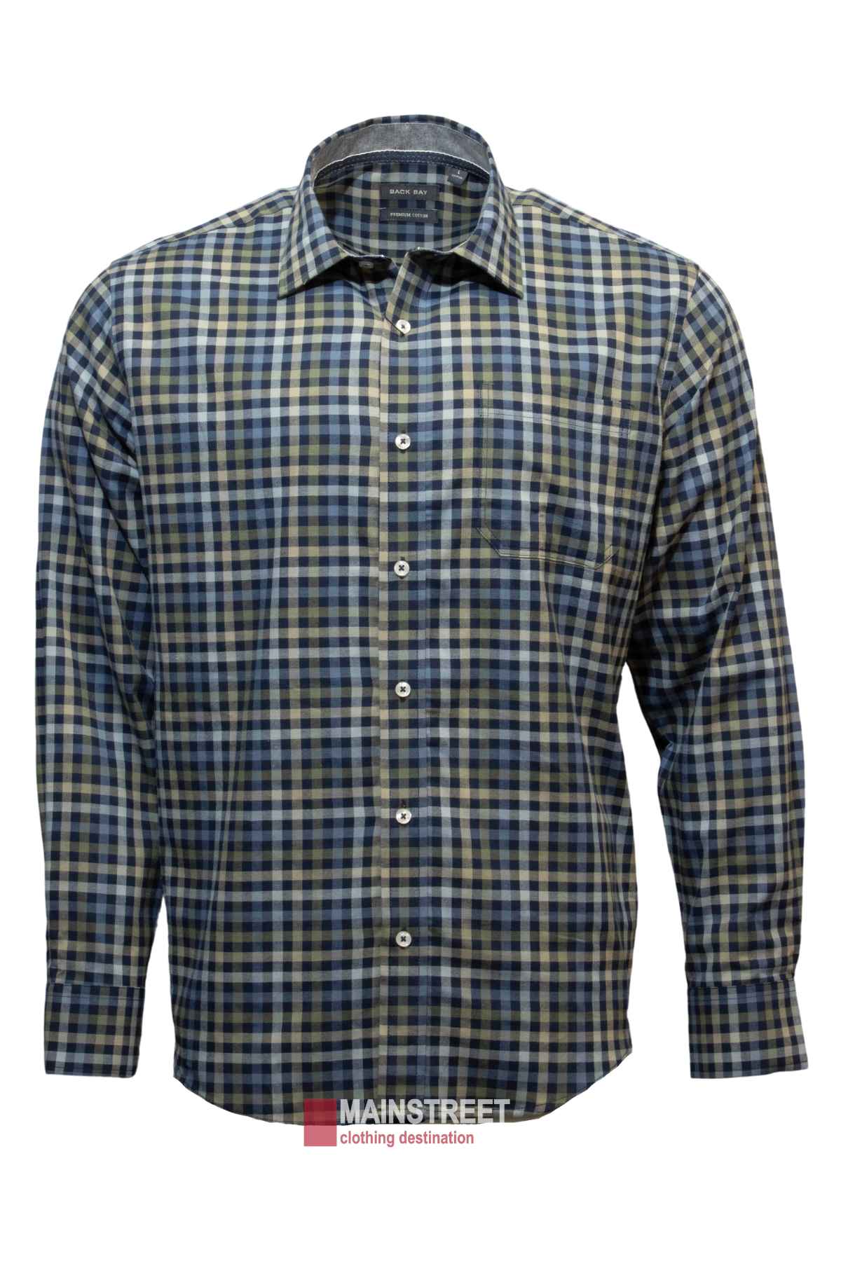 The Back Bay Brushed Cotton Check Shirt, 100% cotton with a blue and green check pattern, features long sleeves, a collar, a front pocket, and the "Mainstreet clothing destination" logo at the hem. It's displayed on a plain white background and comes in a regular fit.