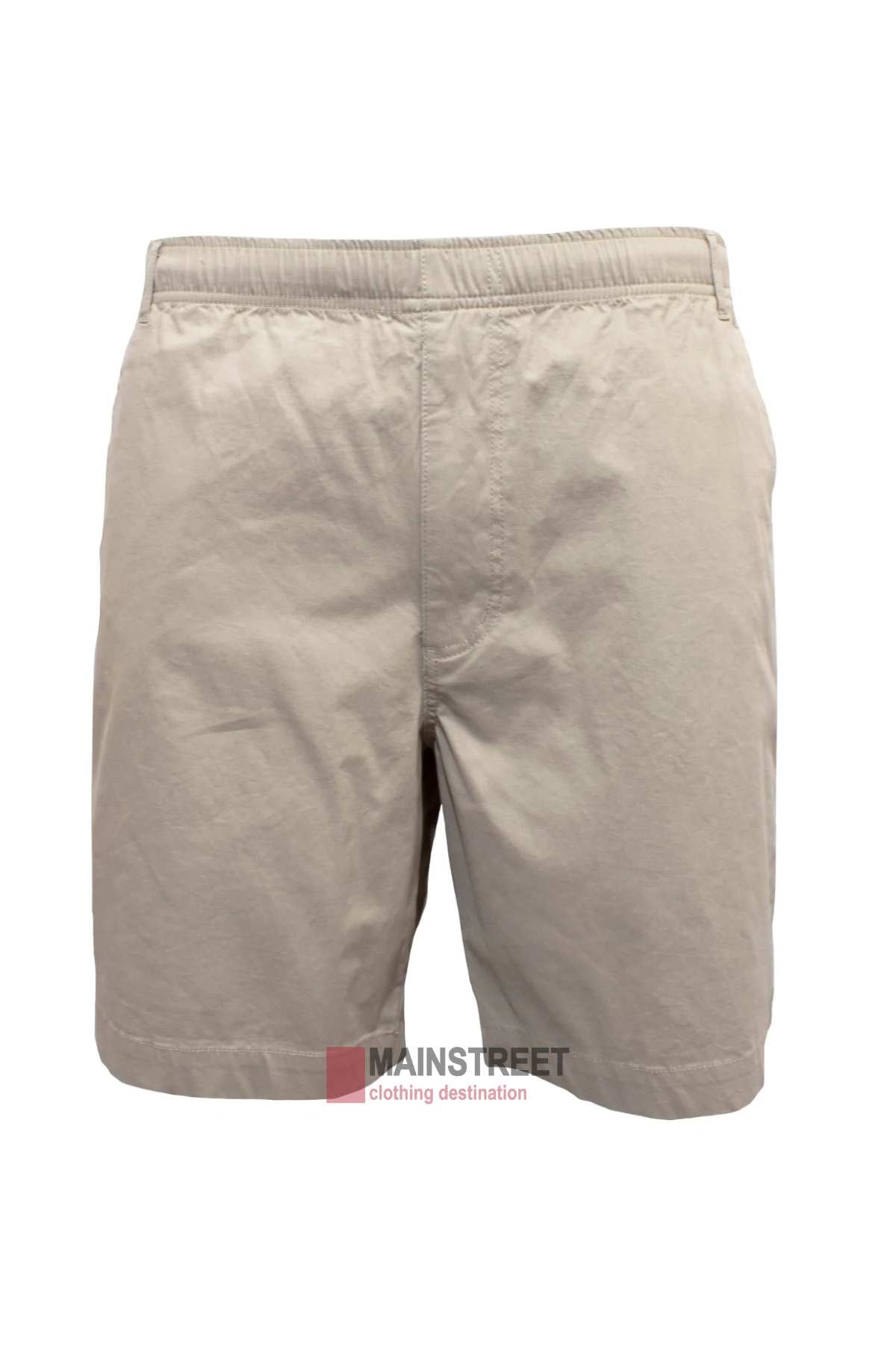 The Back Bay Cotton Elastic Bedford Shorts in beige feature an elasticated waist and a small "Mainstreet clothing destination" logo, offering comfort and a simple style on a plain background.