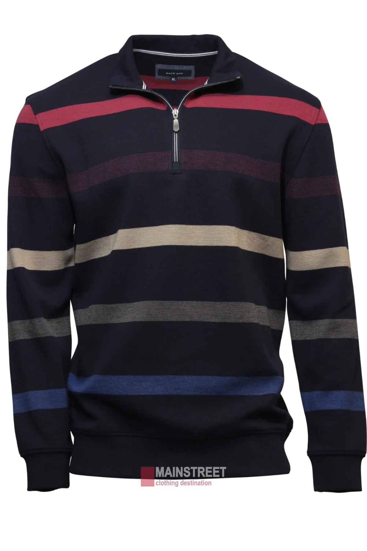 The Back Bay Engineered Stripe Fleece is a black half-zip jumper featuring red, beige, brown, and blue stripes. Displayed on a mannequin against a white background, it combines comfort and style with its soft cotton-polyester blend and has a "Mainstreet" label at the bottom.