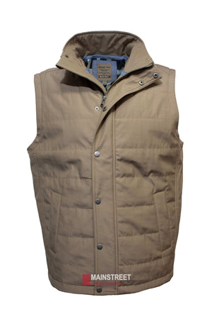 The Back Bay Lifestyle Vest is a tan, sleeveless Cotton/Polyester vest with quilted detailing, stand-up collar, snap buttons, zipper closure, two front pockets, interior neck label, and "MAINSTREET" printed near the hem.