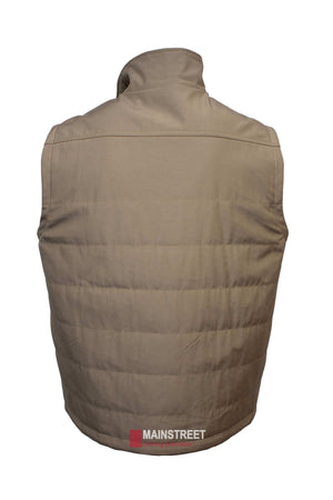 The Back Bay Lifestyle Vest is a tan, quilted sleeveless vest shown from the back, with a high collar and "MAINSTREET" printed near the bottom hem. Made from a comfortable, durable cotton/polyester blend.