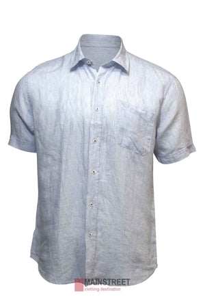 The Back Bay Linen Pinstripe Short Sleeve Shirt features a light blue hue, subtle pinstripes, a chest pocket, and is shown on a white background with the "MAINSTREET clothing destination" logo—ideal for your summer wardrobe.
