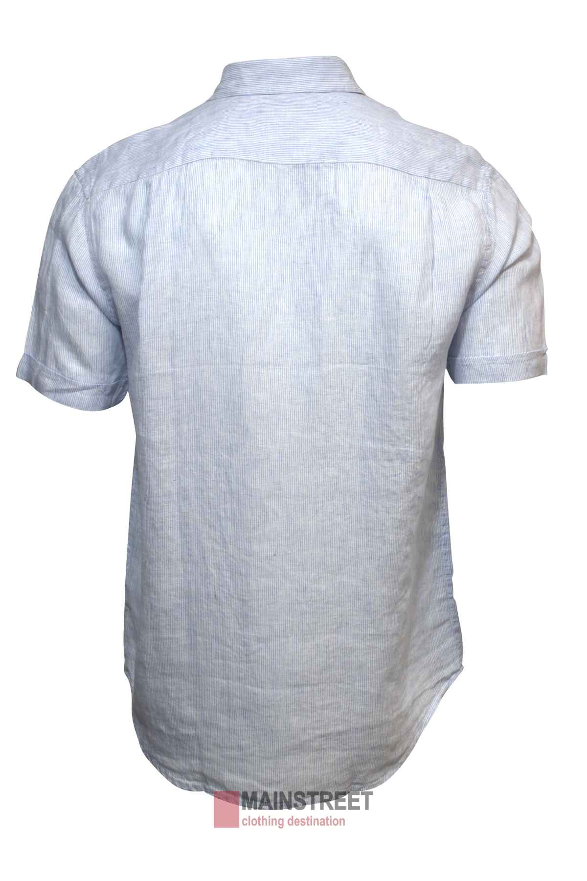 The Back Bay Linen Pinstripe Short Sleeve Shirt in light blue features a subtle pinstripe design and button-up style, shown from the back against a white background—an ideal summer wardrobe addition.
