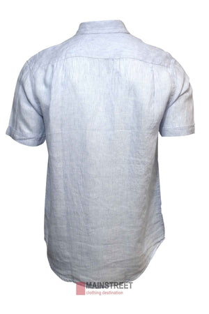 The Back Bay Linen Pinstripe Short Sleeve Shirt in light blue features a subtle pinstripe design and button-up style, shown from the back against a white background—an ideal summer wardrobe addition.