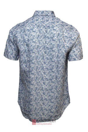 The Back Bay Linen Print Short Sleeve Shirt is a lightweight, casual option featuring a blue and white leaf pattern, classic collar, button-up design, and short sleeves—ideal for summer outings.